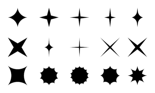 Conjunto de iconos de estrellas negras con formas brillantes o brillantes de estallido de estrellas o polvo de estrellas