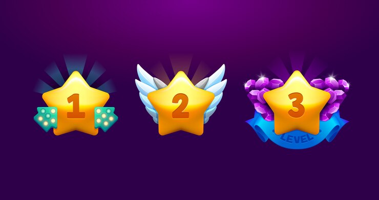 Conjunto de iconos de estrellas. Subir de nivel Premio ganador de dibujos animados vector aislado