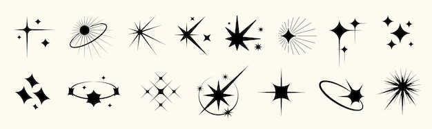 Conjunto de iconos de estrellas Y2K con brillo brillante y efectos de parpadeo Incluye ráfagas abstractas símbolos brillantes brillo de lujo y siluetas mínimas Perfecto para diseños gráficos retro