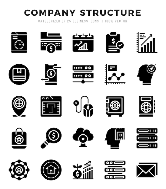 Conjunto de íconos de la estructura de la compañía de glifos íconos de arte de glifos ilustración vectorial