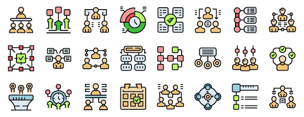 Conjunto de iconos de estructura empresarial y jerarquía que muestran diferentes tipos de diagramas organizativos