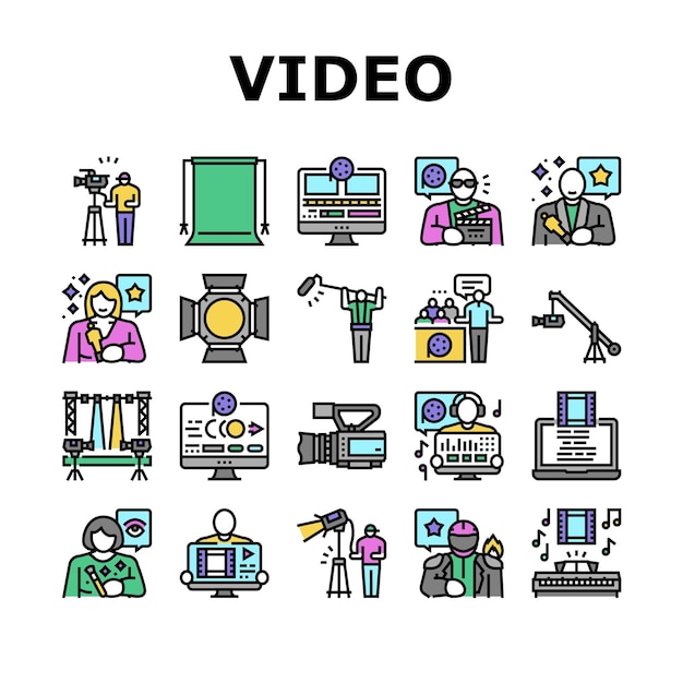 Conjunto de iconos de estudio de cine de producción de video vector