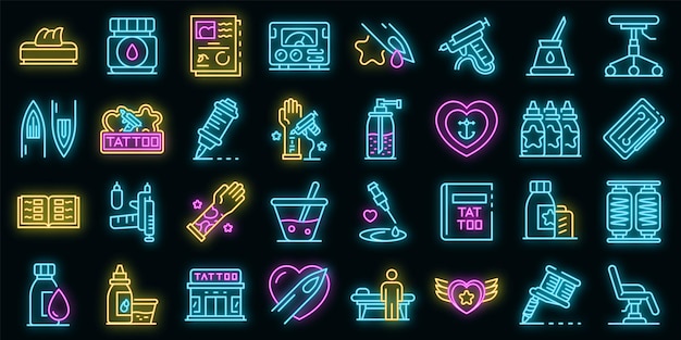 Conjunto de iconos de estudio de tatuaje. Conjunto de contorno de color de neón de los iconos de vector de estudio de tatuajes en negro