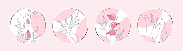 Conjunto de iconos para estudio de uñas. Esmalte de uñas, cepillo de uñas, manos y piernas femeninas cuidadas.