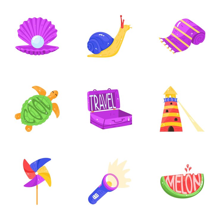 Vector conjunto de iconos de etiqueta plana de verano y playa