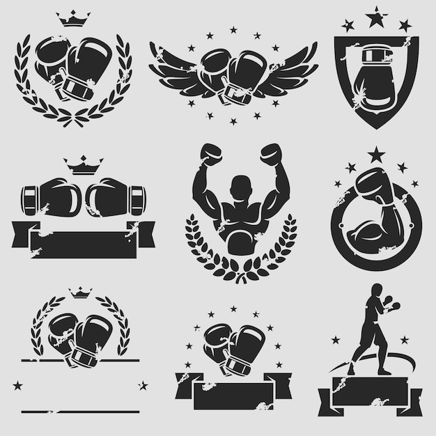 Conjunto de iconos y etiquetas de boxeo Vector