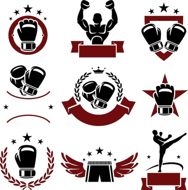 Conjunto de iconos y etiquetas de boxeo Vector