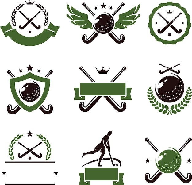 Conjunto de iconos y etiquetas de campo de hockey Vector