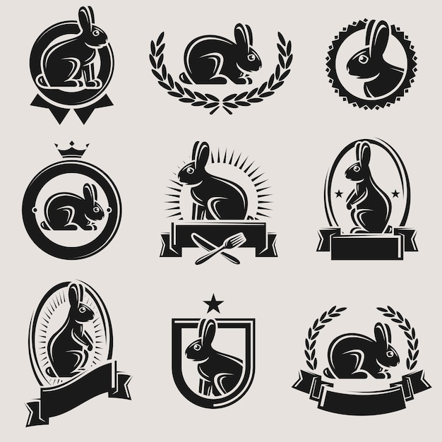 Conjunto de iconos y etiquetas de conejo y liebre. colección de iconos de conejo. vector