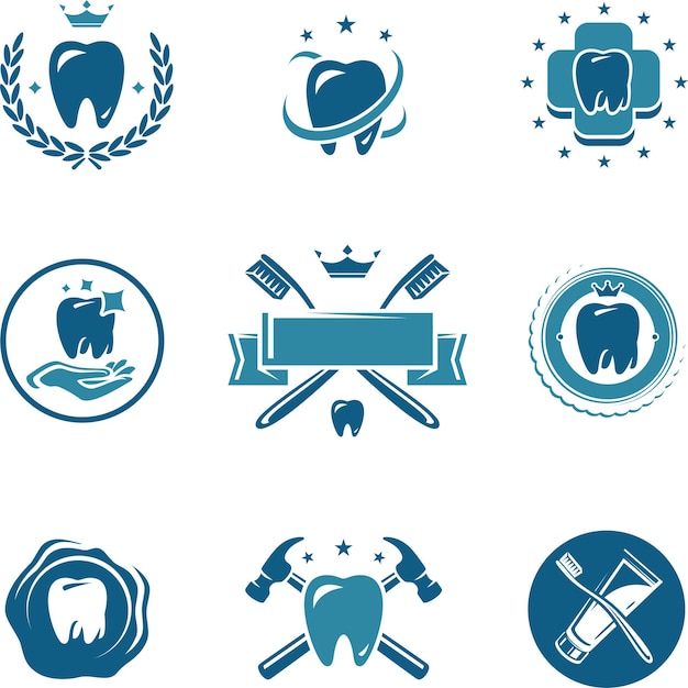 Conjunto de iconos y etiquetas dentales vector