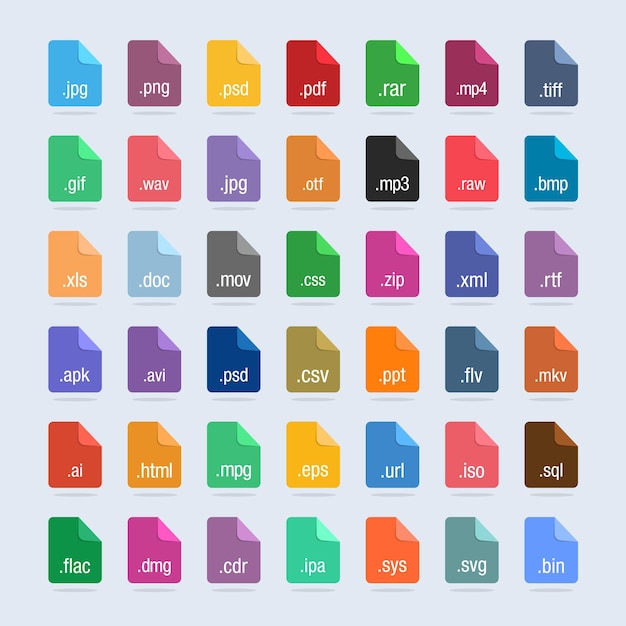 Conjunto de iconos de etiquetas y formatos de archivo de documento. Iconos de tipo de archivo. Ilustración vectorial