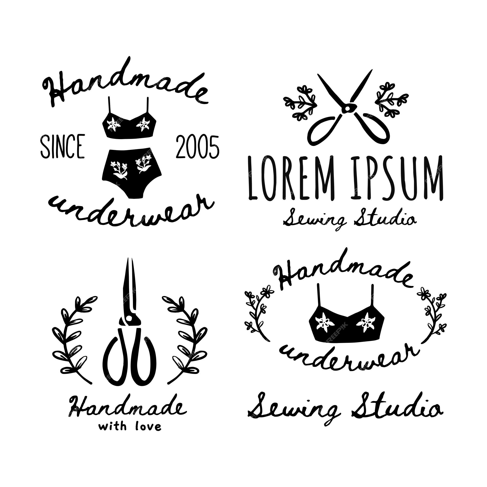 Un conjunto de etiquetas, iconos y elementos de logotipo a mano. ilustración vectorial de tijeras hechas a mano ropa interior. para etiquetas maestras hechas a mano | Vector