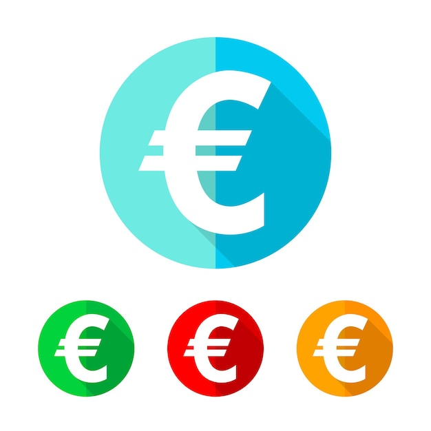 Conjunto de iconos de euro de colores. Icono de euro blanco con sombra. Ilustración vectorial. Signo de euro en un botón redondo.