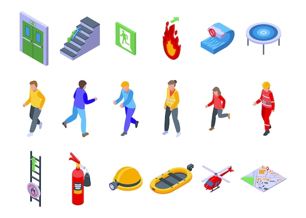 Conjunto de iconos de evacuación humana. conjunto isométrico de iconos de vector de evacuación humana para diseño web aislado sobre fondo blanco