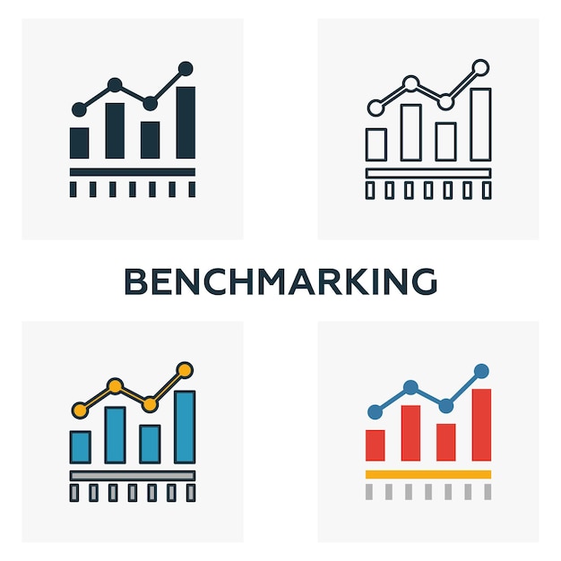 Conjunto de iconos de evaluación comparativa Cuatro elementos en diferentes estilos de la colección de iconos de gestión empresarial Iconos de evaluación comparativa creativos rellenos de contorno coloreado y símbolos planos