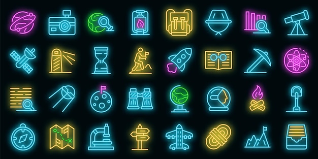 Conjunto de iconos de exploración. Esquema conjunto de iconos de vector de exploración color neón en negro