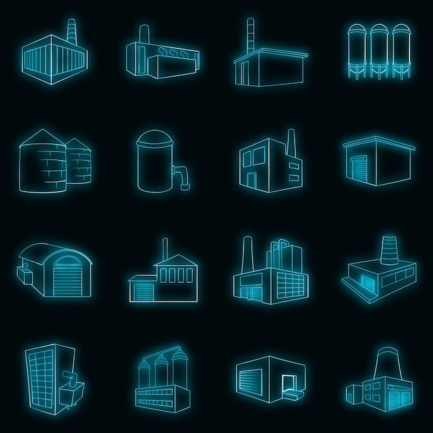 Conjunto de iconos de fábricas y plantas de construcción industrial neón vectorial