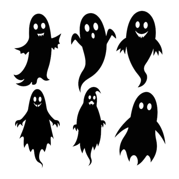 Conjunto de iconos de fantasmas con caricaturas lindas, espeluznantes, aterradoras, rostros felices y divertidos, silueta del símbolo de Halloween