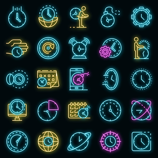Conjunto de iconos de fecha límite. conjunto de esquema de color de neón de los iconos de vector de fecha límite en negro