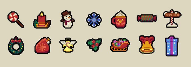Conjunto de íconos de Feliz Navidad de 8 bits vintage Símbolos festivos de Xmas en arte de píxeles Colección de Feliz Año Nuevo
