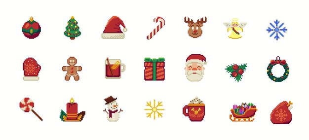 Conjunto de íconos de Feliz Navidad de 8 bits vintage Símbolos festivos de Xmas en el arte de píxeles Feliz Año Nuevo
