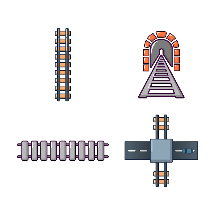 Vector conjunto de iconos de ferrocarril. conjunto de dibujos animados de iconos de vector de ferrocarril conjunto aislado
