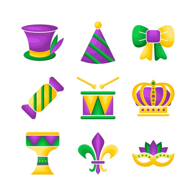 Vector conjunto de íconos de la festividad de mardi gras