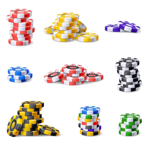 Conjunto de iconos de fichas de casino vector de dibujos animados. Ficha de póker. Fichas de casino Vegas