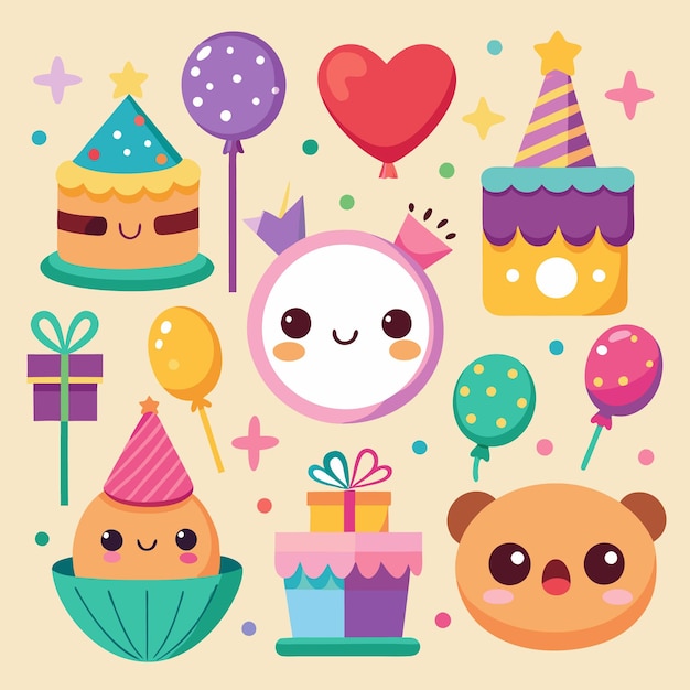 Un conjunto de iconos de la fiesta de cumpleaños con caras lindas, incluidos regalos de pastel, globos y un sombrero de fiesta