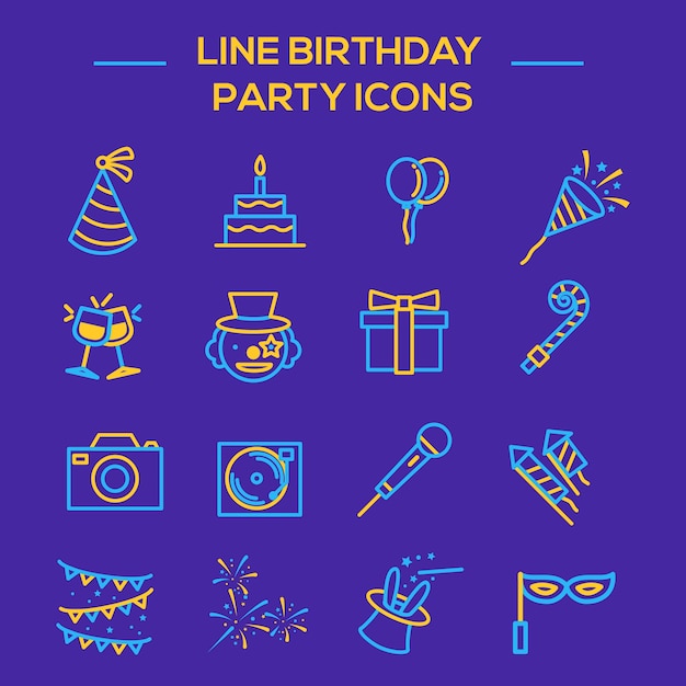 Vector conjunto de iconos de fiesta de cumpleaños delgada