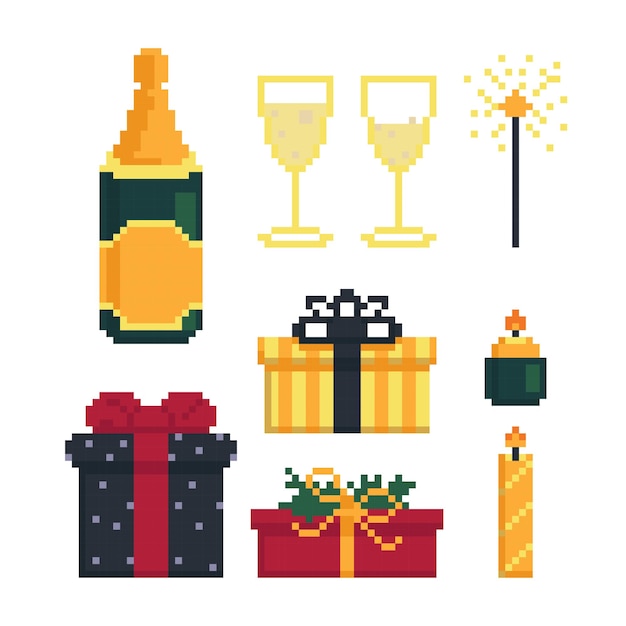 Conjunto de iconos para la fiesta de navidad elementos para las vacaciones.ilustración de vector en estilo pixel art