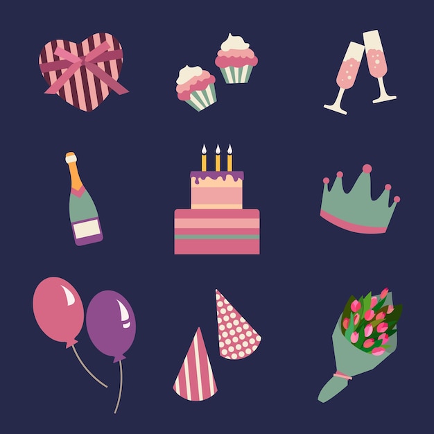 Vector conjunto de iconos de fiestas de cumpleaños y símbolos de colección de iconos para celebraciones ilustración vectorial