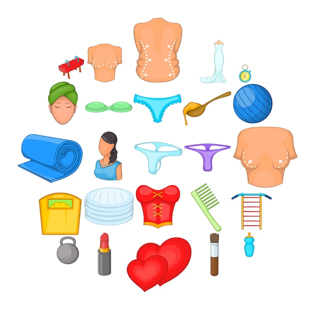 Conjunto de iconos de figura ideal. Conjunto de dibujos animados de 25 iconos de figura ideal para web aislado en blanco
