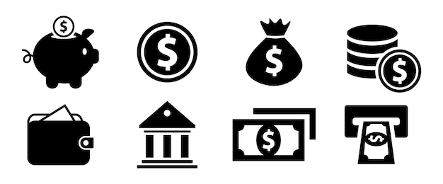 Conjunto de iconos financieros Colección de iconos de bancos y dinero Ganar dinero Símbolo de dinero Vector