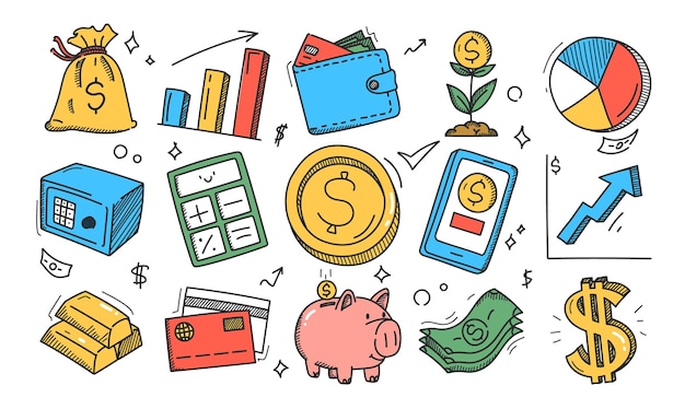 Conjunto de iconos financieros en estilo doodle