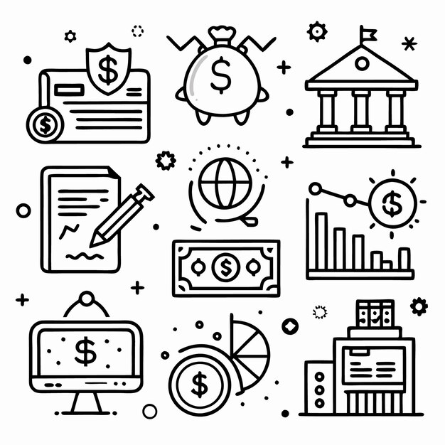 Conjunto de iconos financieros en estilo de línea que incluyen dinero bancario, finanzas, negocios de inversión