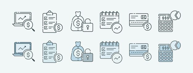 Conjunto de iconos de finanzas y negocios con análisis, presupuesto y seguridad con contornos y variaciones de color