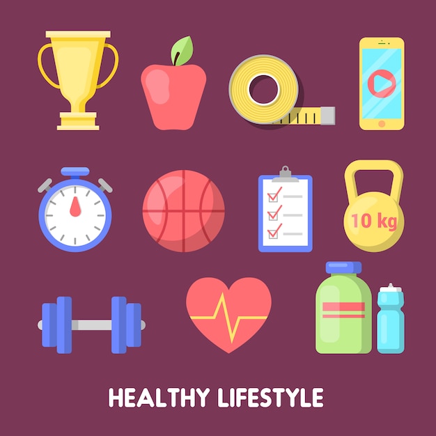 Conjunto de iconos de Fitness estilo de vida saludable.