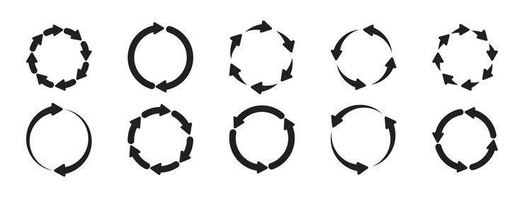 Vector un conjunto de iconos de flecha circular hacia adelante icono de dos a ocho flechas en un símbolo de ciclo de renovación