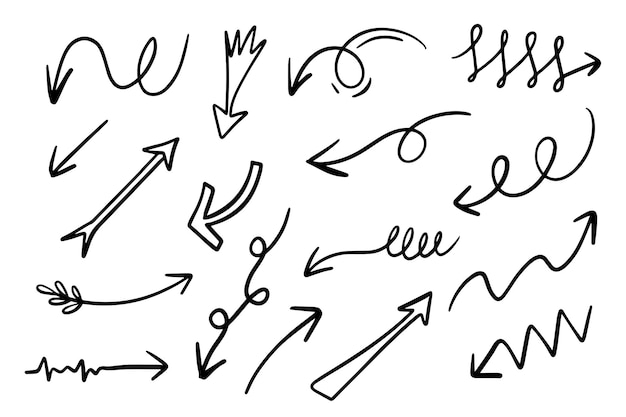 Conjunto de iconos de flecha de curva dibujada a mano aislado en ilustración de vector de doodle de fondo negro