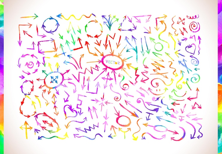 Vector conjunto de iconos de flecha dibujada a mano conjunto de flechas de acuarela de colores aisladas sobre fondo blanco