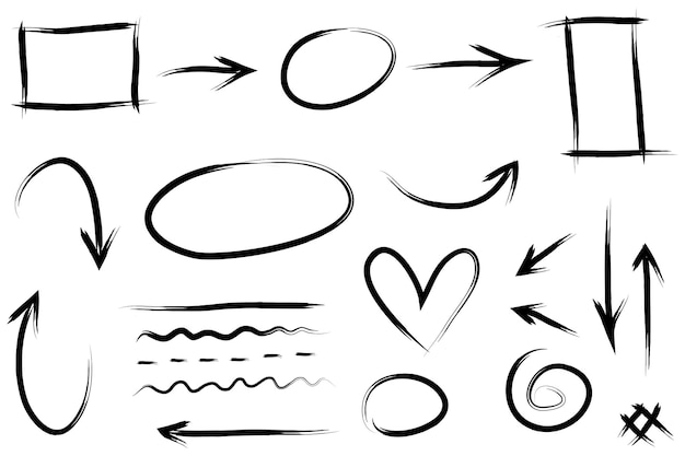 Conjunto de iconos de flecha dibujados a mano aislado sobre fondo blanco ilustración de vector de doodle