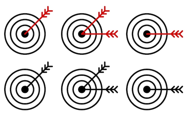 Conjunto de iconos de flecha golpean el medio del objetivo Disparo preciso Lograr un objetivo en los negocios Vector aislado sobre fondo blanco