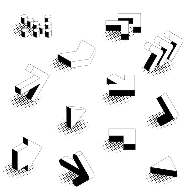 Conjunto de iconos de flecha isométrica de estilo cómic retro de diseño plano.