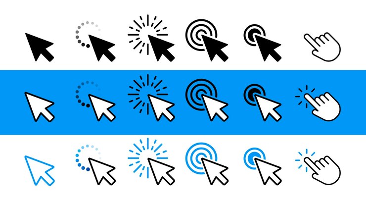 Conjunto de iconos de flecha negra, blanca y azul del cursor de clic del ratón de la computadora. Ilustración vectorial.