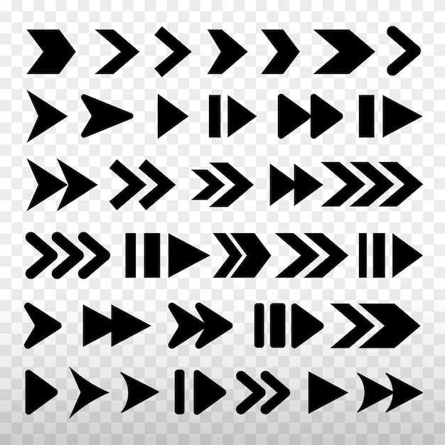 Conjunto de iconos de flecha negra en varios estilos Incluye diferentes formas y direcciones de flecha para uso de diseño Conjunto vectorial de elementos