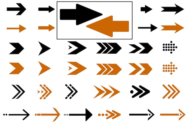 Conjunto de iconos de flecha Símbolos de flecha de color Flechas en colores negro y naranja sobre un fondo blanco Conjunto