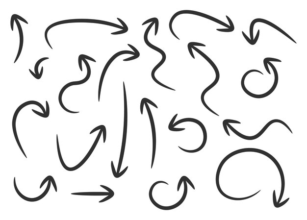 Conjunto de iconos de flechas de boceto Curva de flecha Colección de formas de signos dibujadas a mano Ilustración vectorial de imagen Iso