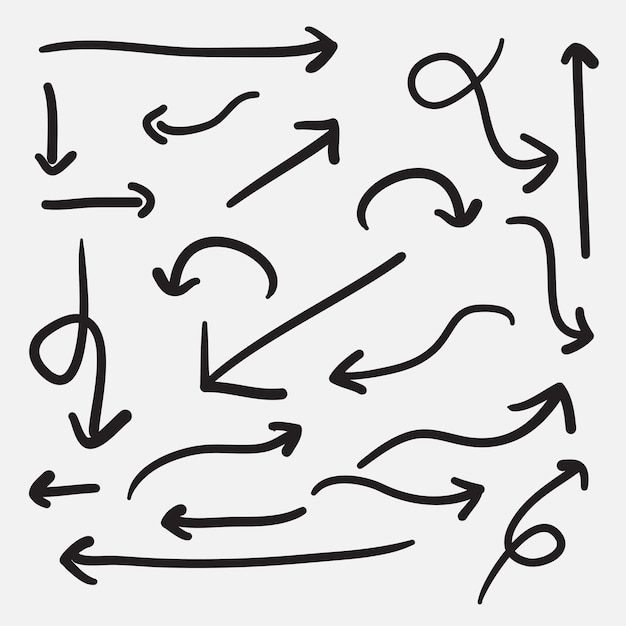 Conjunto de iconos de flechas dibujadas a mano. icono de flecha con varias direcciones. Ilustración de vector de Doodle. Aislado en un fondo blanco.