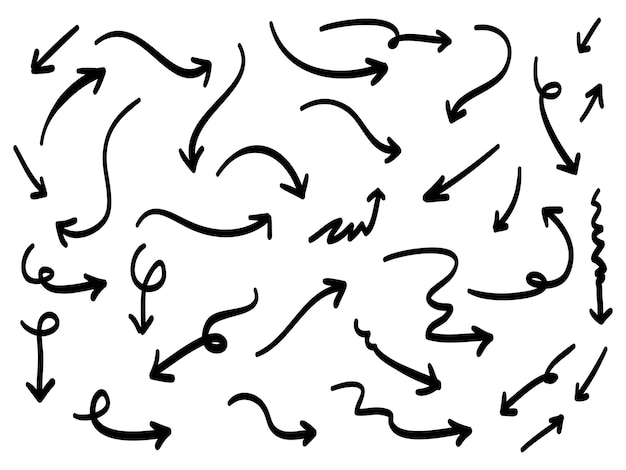Conjunto de iconos de flechas dibujadas a mano. icono de flecha con varias direcciones. Ilustración de vector de garabato. Aislado en un fondo blanco